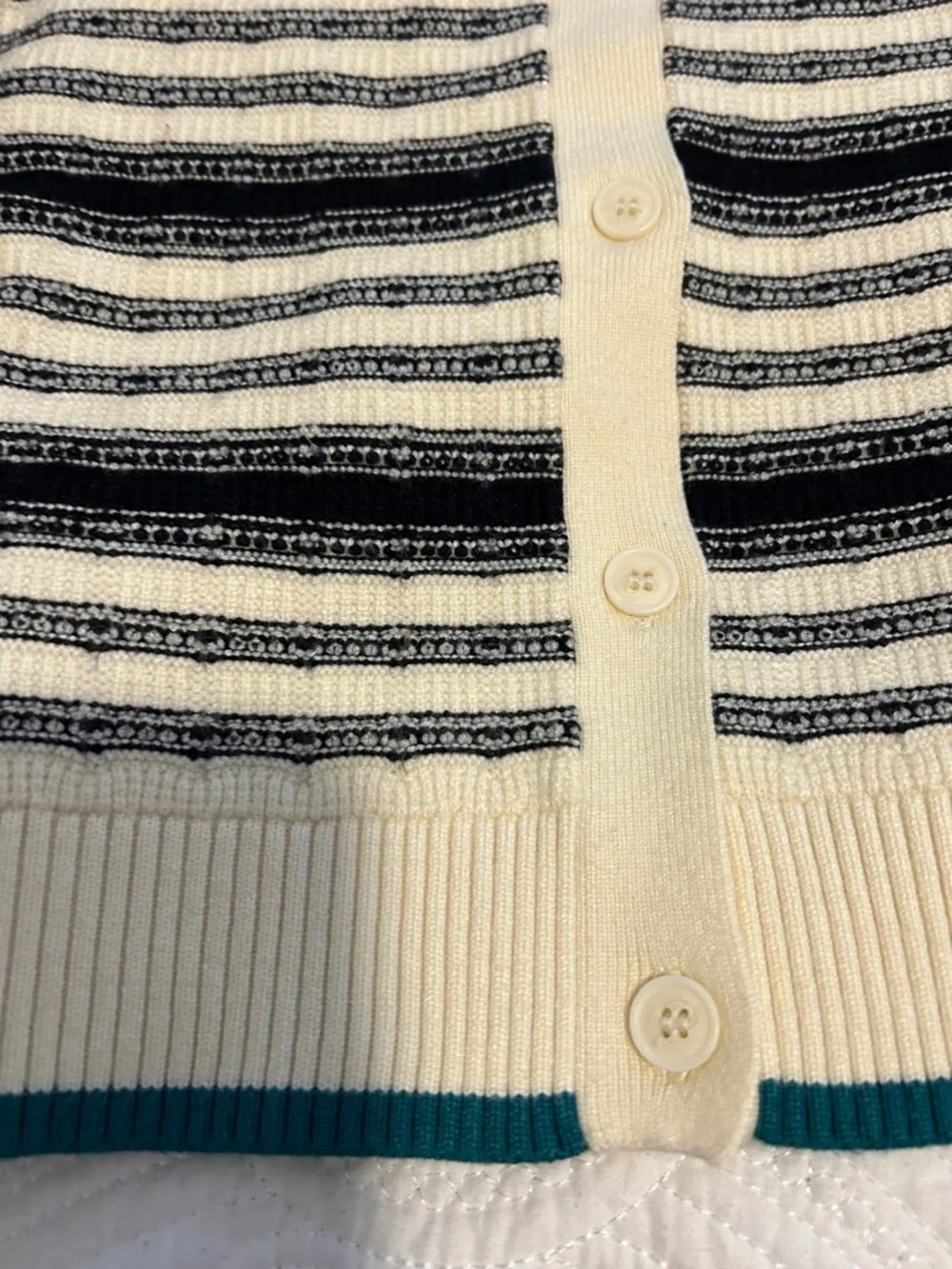 Anthropologie Ivory and Black Striped Short-Sleeve Polo Cardigan with Teal Trim - Picture 4 of 4